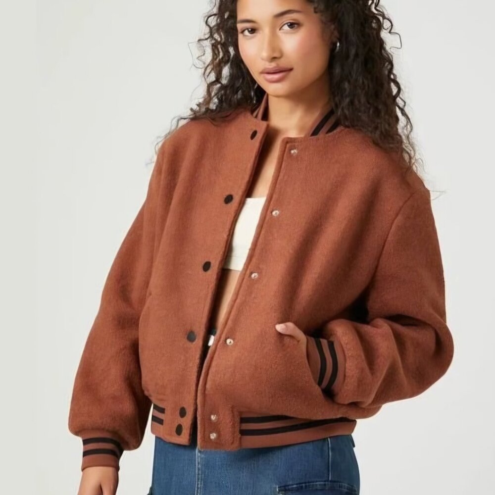 Forever 21 Varsity Striped Letterman Jacket Bomber Women's Size L